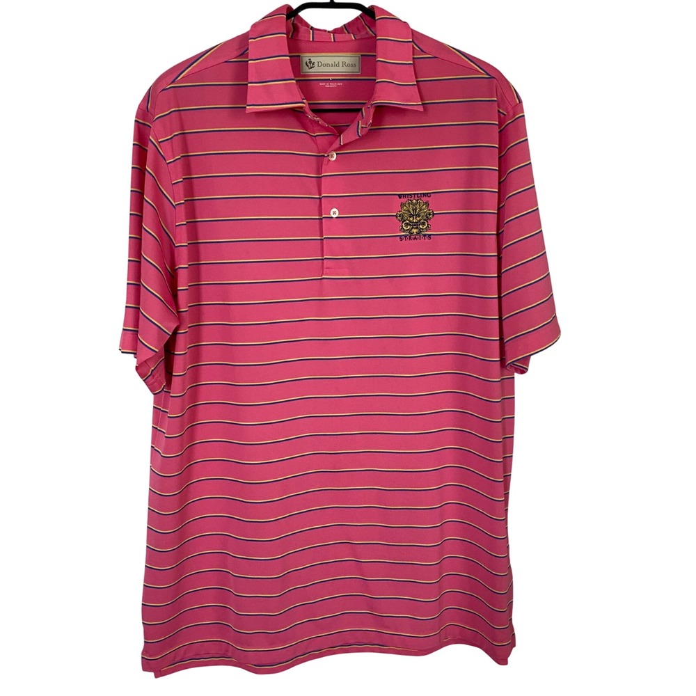 Donald Ross Whistling‎ Straits Golf Polo Shirt Mens Large Pink Striped Polyester